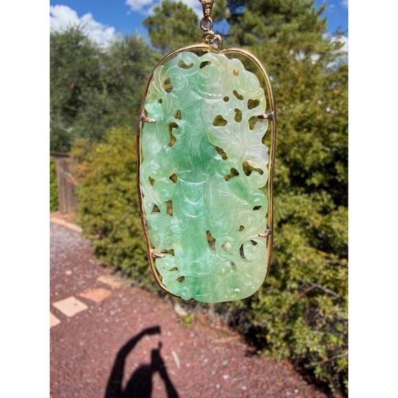 Antique 14k Solid Gold Natural Untreated Jadeite Jade & Diamond Pendant 28g - Picture 4 of 14